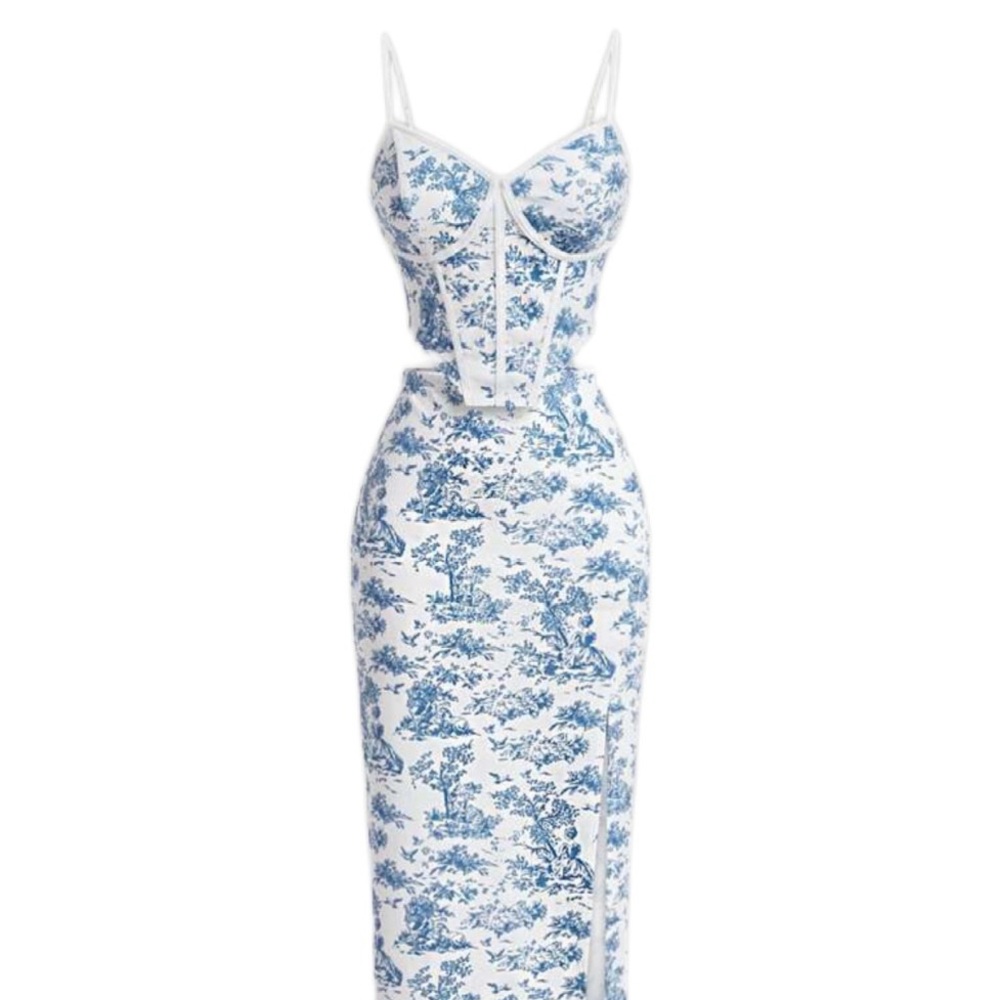 Blue and White Toile Bustier Two Piece Set